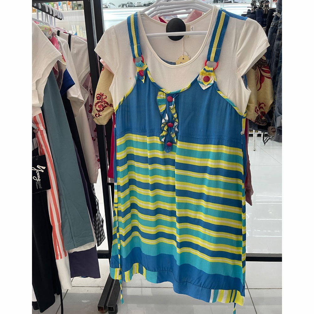 سارافون دخترانه آبی و زرد با طرح راه‌راه  کلاسیک کد R3024