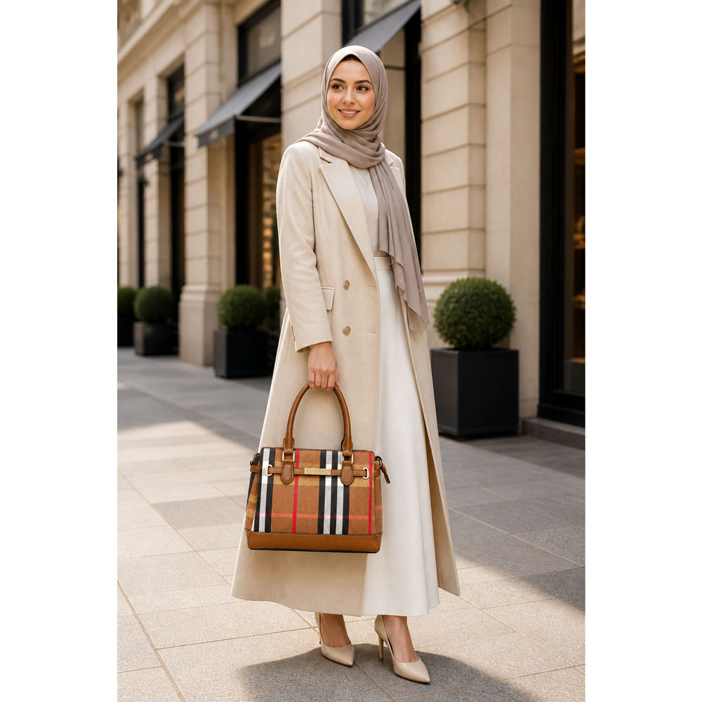 کیف  زنانه چهارخانه قهوه‌ای 
